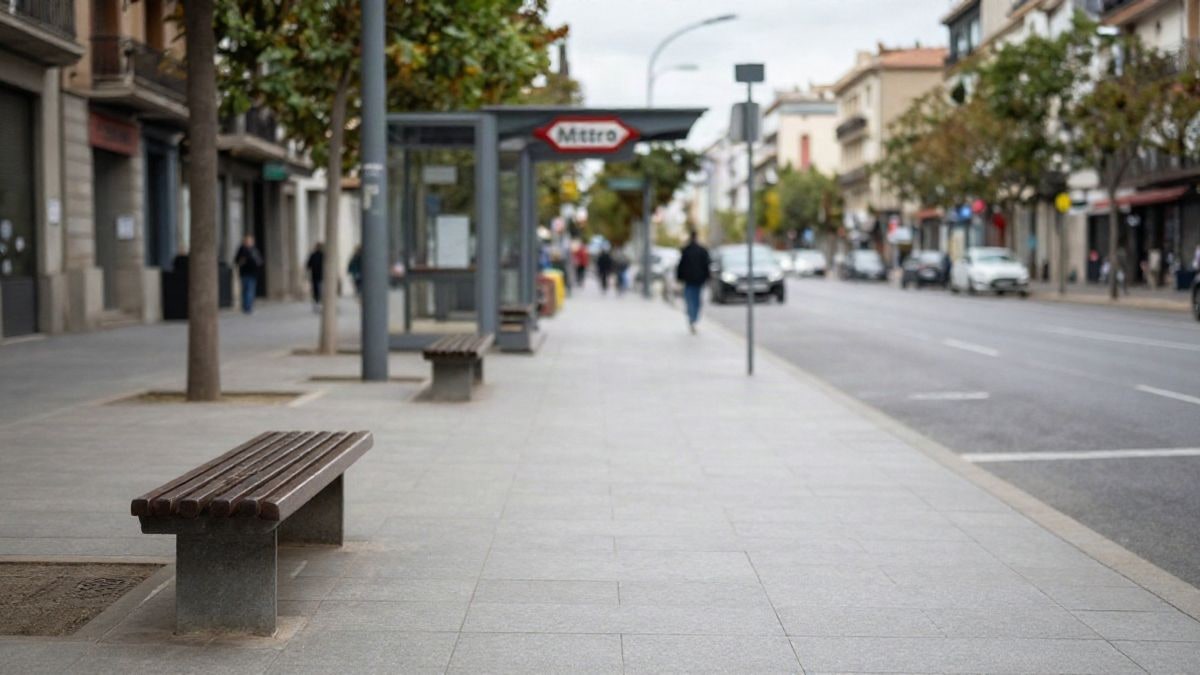 Imagen ilustrativa: calle de Barcelona con entrada de metro y un peatón de espaldas, día nublado