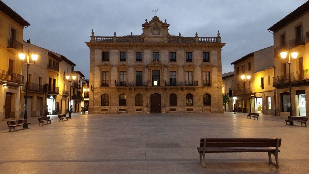 Imagen ilustrativa: plaza de un edificio consistorial iluminada por farolas y luces nocturnas