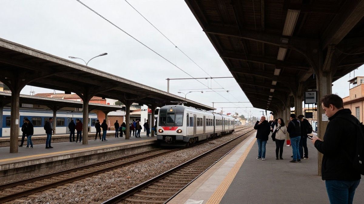 Imagen ilustrativa: un andén de estación con catenaria caída y trenes detenidos, con viajeros esperando.