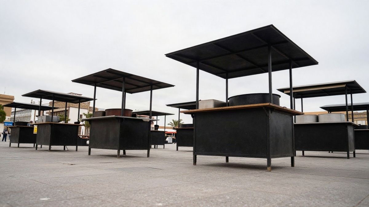 Imagen ilustrativa: paradas de castañas con barbacoa en una plaza pública durante el día