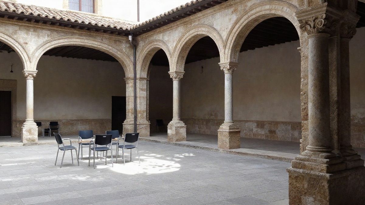 Imagen ilustrativa: claustro de piedra con arcos y sillas dispuestas para una charla al aire libre