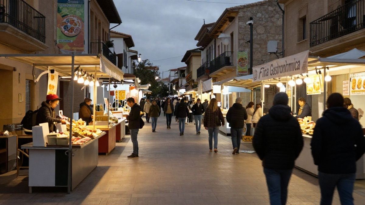 Imagen ilustrativa: puesto de feria gastronómica nocturna con luces artificiales en una calle