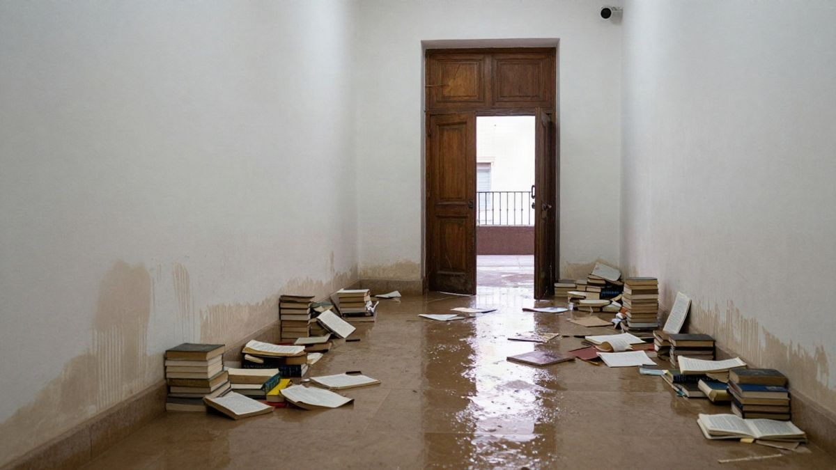 Imagen ilustrativa: interior de una biblioteca con daños por agua en las paredes y el suelo