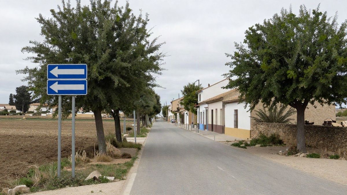 Imagen ilustrativa: camino rural con señal de dirección única en un entorno de campos y casas