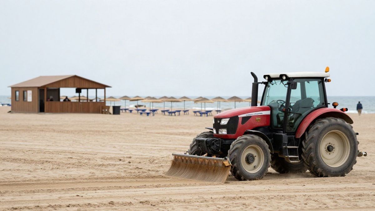 Imagen ilustrativa: un tractor limpia la arena de una playa mediterránea con sombrillas y un chiringuito al fondo