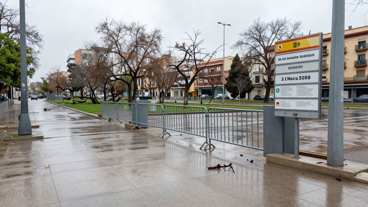 Imagen ilustrativa: entrada de un parque urbano con pavimento mojado y ramas caídas tras la lluvia