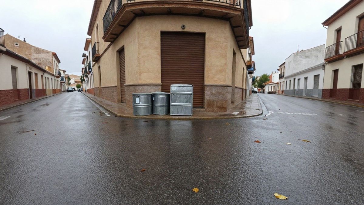 Imagen ilustrativa: contenedores provisionales en una calle mojada tras la lluvia