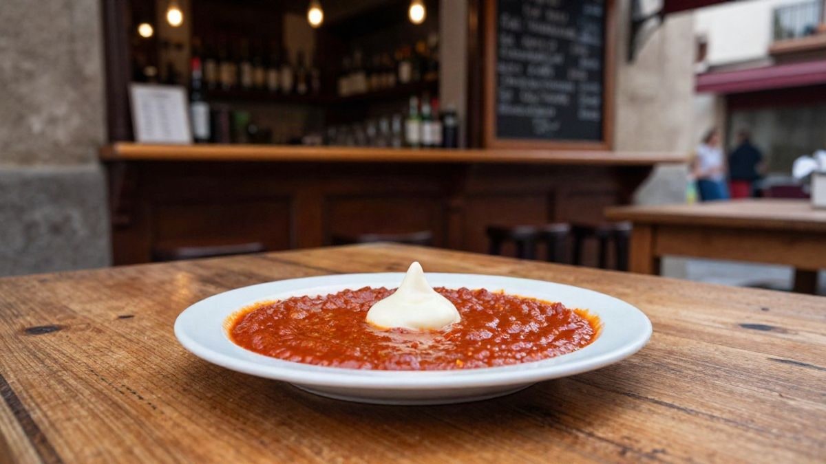 Imagen ilustrativa: un plato de patatas bravas con salsa en una mesa de un bar