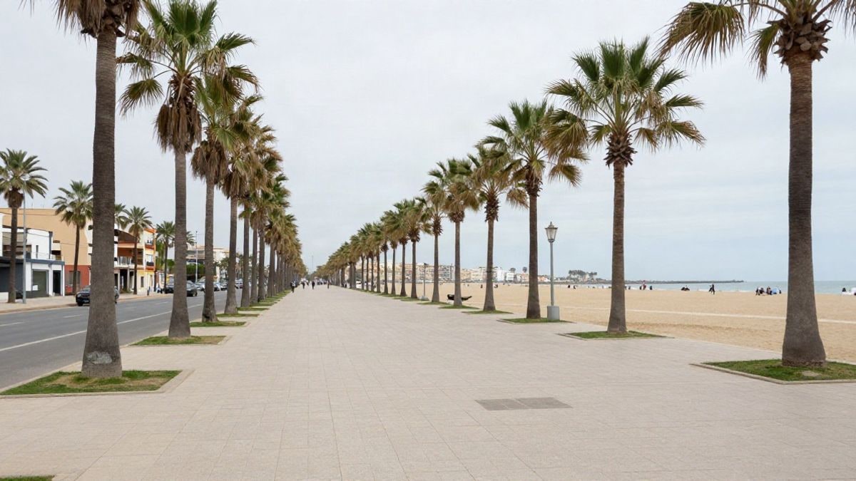 Imagen ilustrativa: paseo marítimo con palmeras y playa en un día nublado