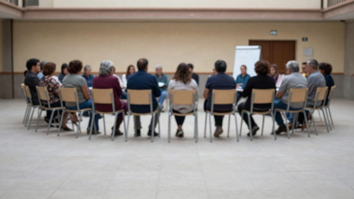 Imagen ilustrativa: un grupo de personas de espaldas sentadas en círculo en una sala de reuniones comunitaria