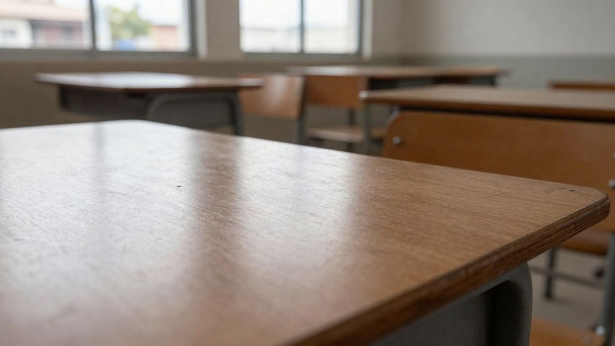 Imagen ilustrativa: detalle de la superficie de madera desgastada de un pupitre escolar en un aula vacía