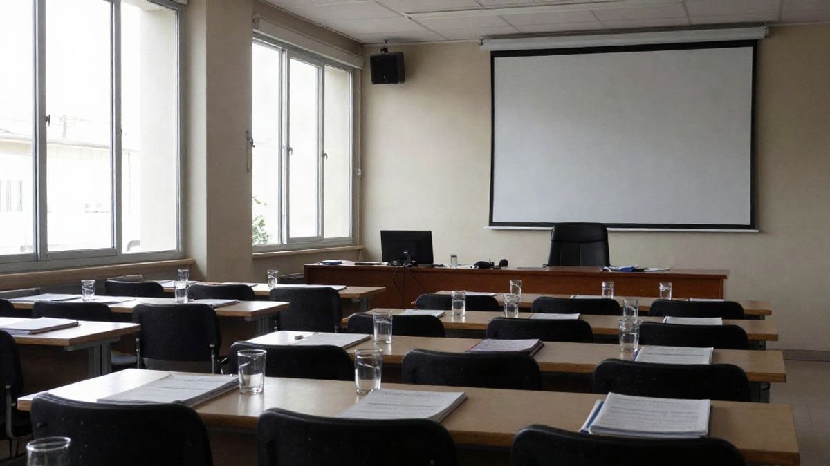 Imagen ilustrativa: sala de reuniones municipal vacía con luz lateral de ventana y carpetas sobre la mesa