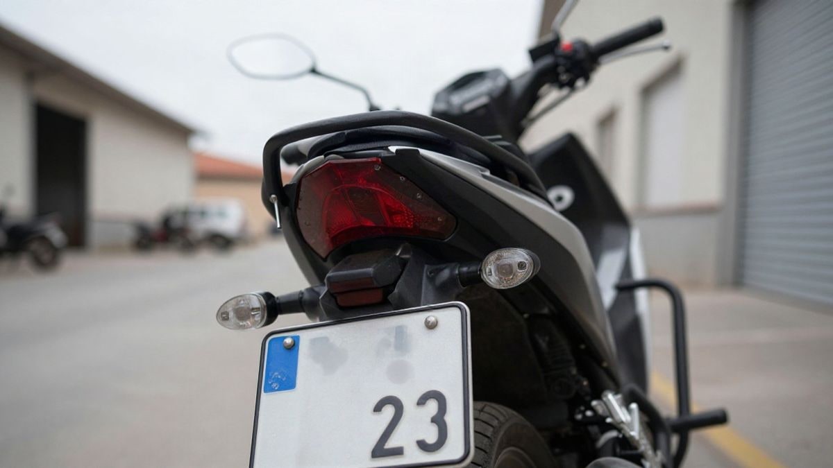 Imagen ilustrativa: primer plano de la matrícula de una motocicleta aparcada en una zona industrial