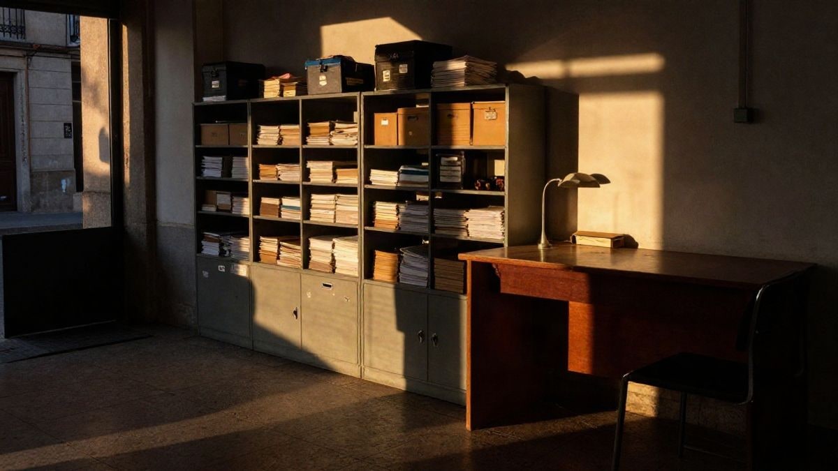 Imagen ilustrativa: sala de archivo con estanterías de cajas y una mesa de consulta vacía