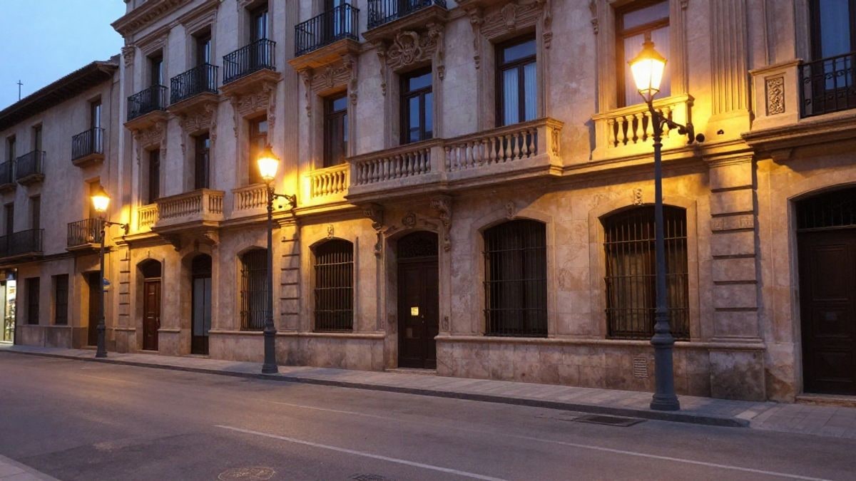 Imagen ilustrativa: fachada de un edificio modernista iluminada por farolas en una calle vacía