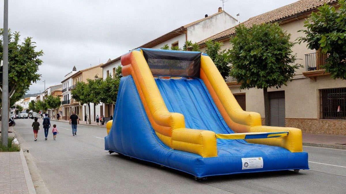 Imagen ilustrativa: un tobogán gigante hinchable instalado en una avenida de un municipio, con familias al fondo.