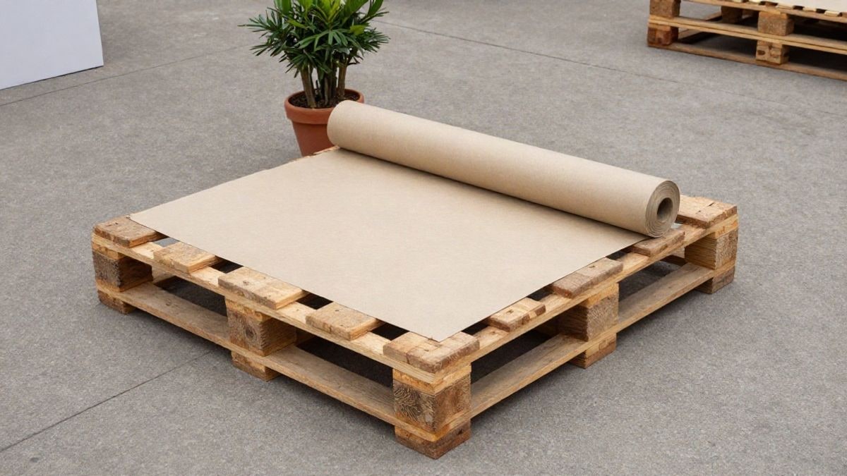 Imagen ilustrativa: vista cenital de un rincón de estand ferial con palés de madera y una planta sobre suelo de hormigón
