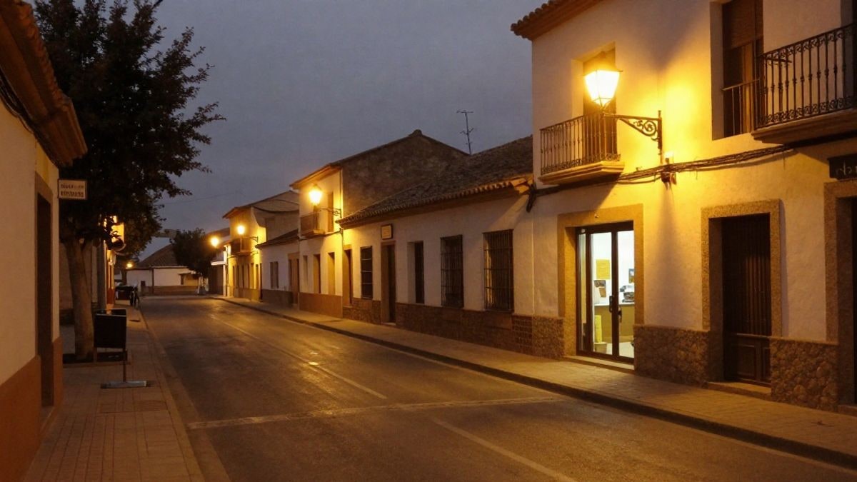 Imagen ilustrativa: una calle tranquila de un pueblo con farolas encendidas y la entrada iluminada de una sala de exposiciones