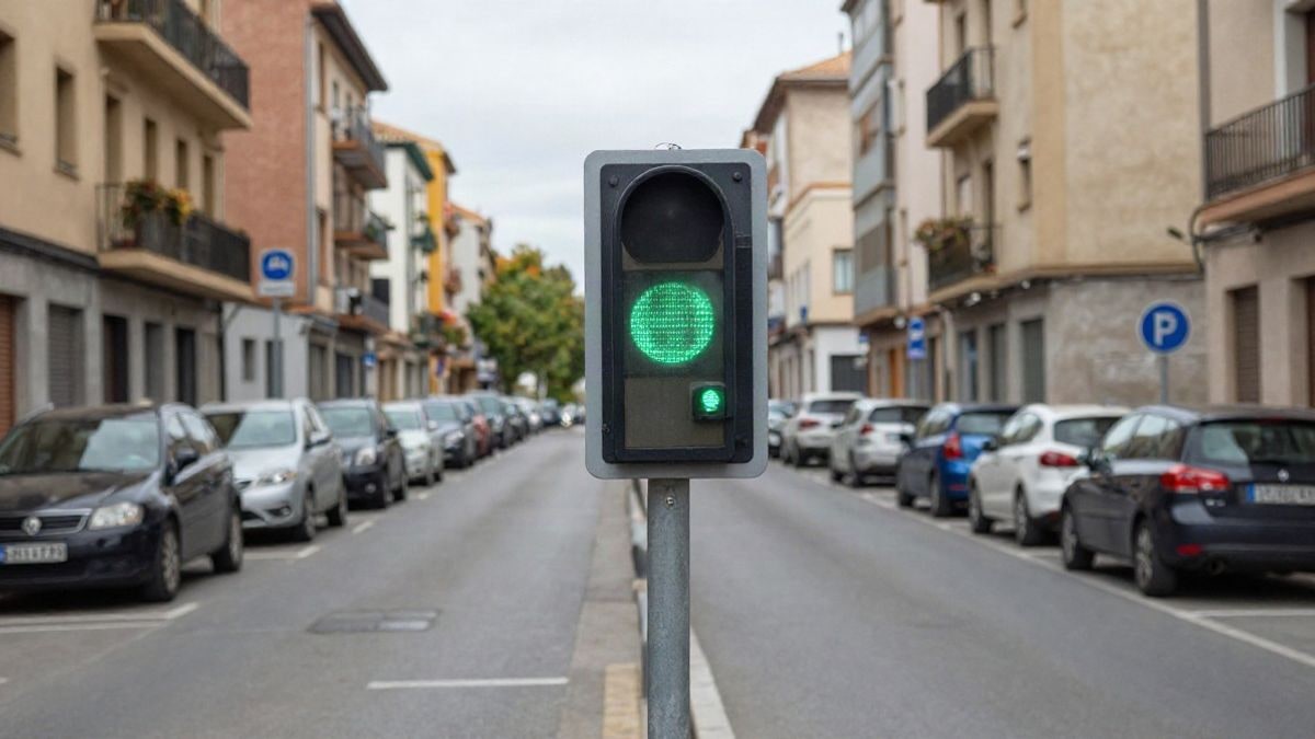 Imagen ilustrativa: un radar pedagógico en una calle urbana con edificios de fondo