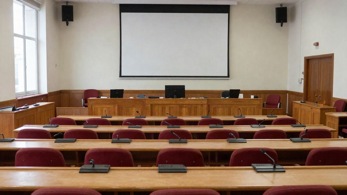 Imagen ilustrativa: sala de plenos municipal vacía con sillas rojas y pupitres de madera, luz diurna tenue