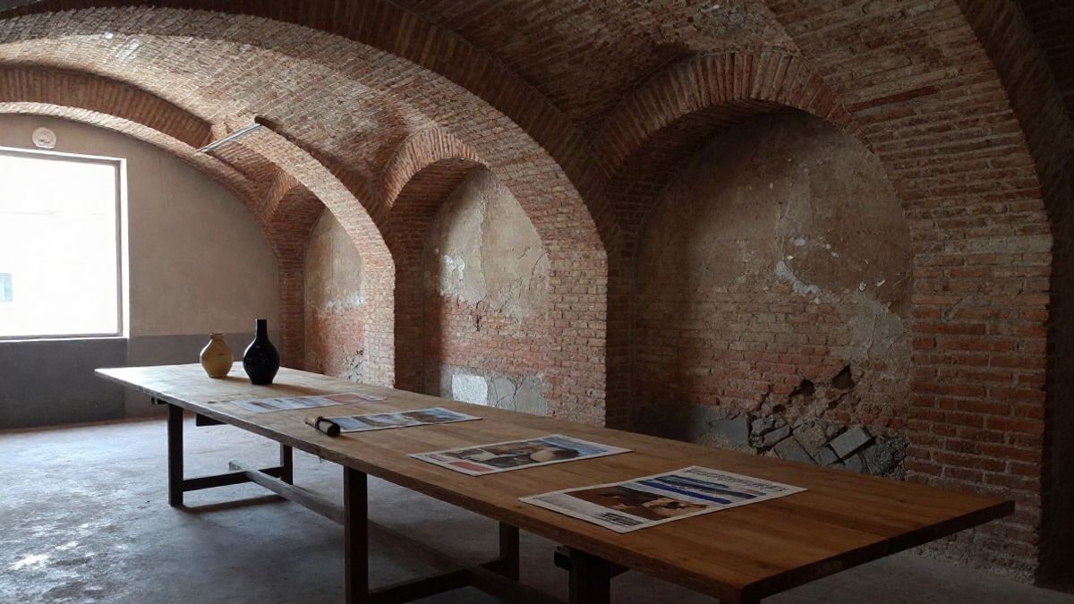 Imagen ilustrativa: interior de una antigua bodega rehabilitada con arcos de ladrillo y una mesa de madera con materiales de taller
