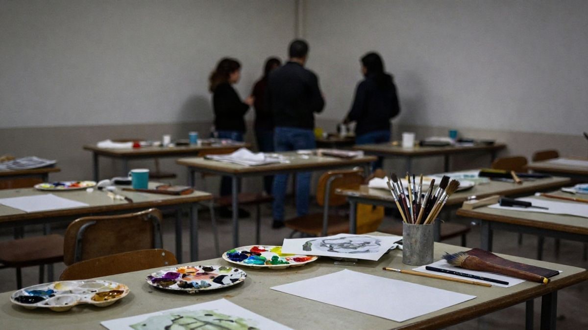 Imagen ilustrativa: un aula o taller con materiales de arte sobre mesas, iluminada por luz artificial nocturna