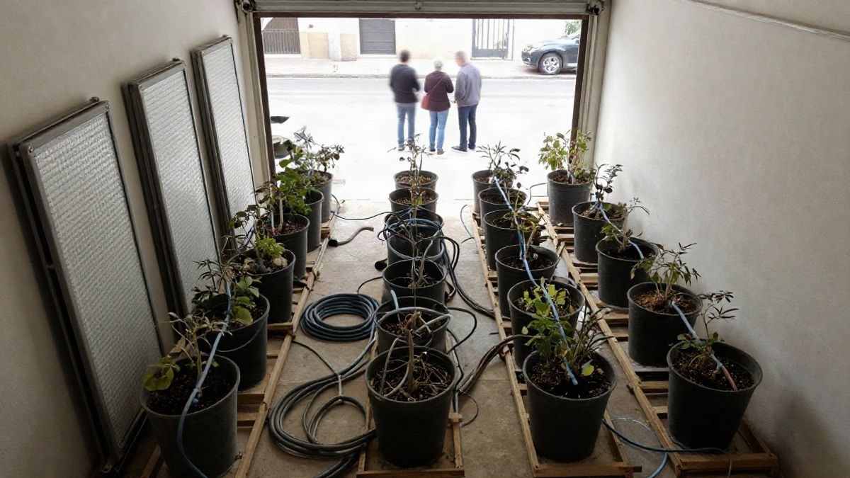 Imagen ilustrativa: vista cenital de un garaje con restos de una instalación de cultivo indoor desmantelada