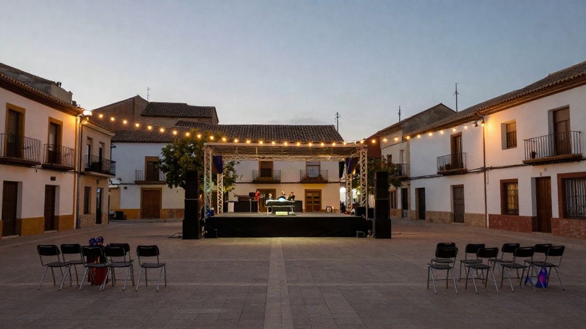 Imagen ilustrativa: plaza de pueblo con escenario nocturno iluminado para espectáculo de circo