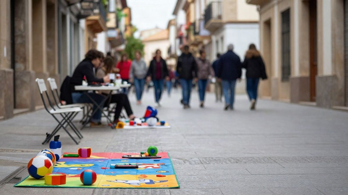 Imagen ilustrativa: calle peatonal con materiales de juego infantil dispuestos para una actividad familiar