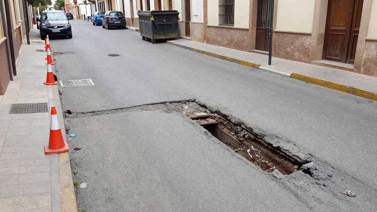 Imagen ilustrativa: calle con obras de alcantarillado, con el firme levantado y conos de tráfico.
