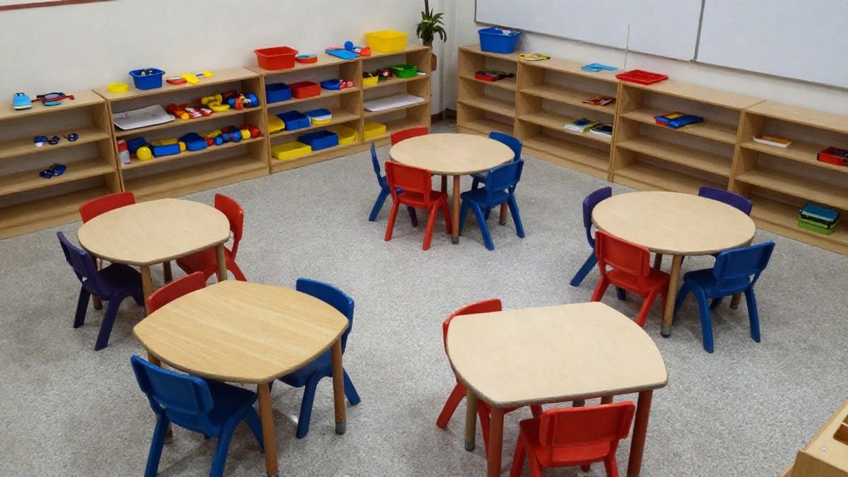 Imagen ilustrativa: aula de escuela infantil vacía con mesas y sillas pequeñas
