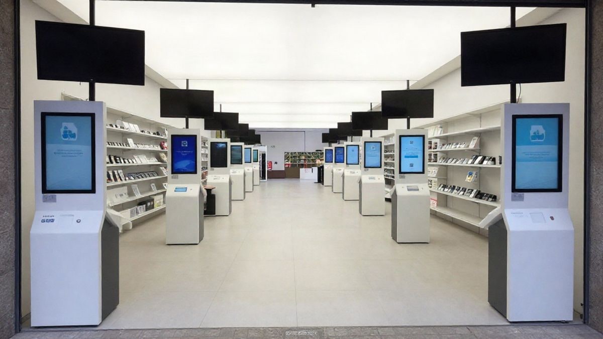 Imagen ilustrativa: interior de un laboratorio de innovación comercial con pantallas digitales y estanterías inteligentes