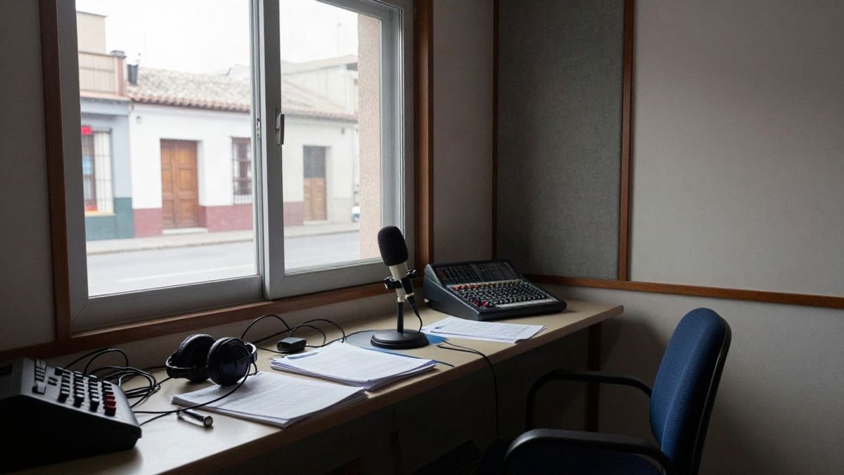 Imagen ilustrativa: estudio de radio comunitario con micrófono y mesa de mezclas junto a una ventana