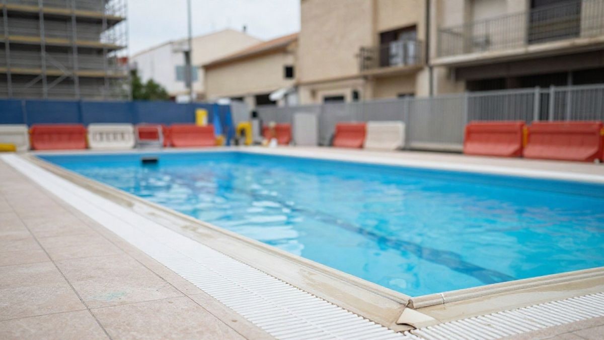 Imagen ilustrativa: piscina pública vacía en obras con vallas de construcción al fondo