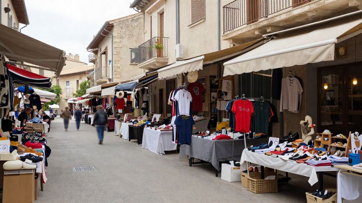 Imagen ilustrativa: puestos de venta ambulante en una calle de un pueblo catalán, con toldos y productos variados, y algunos viandantes de fondo.