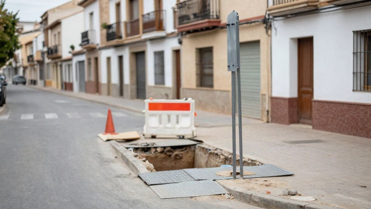 Imagen ilustrativa: esquina de una calle urbana con vallas y una zanja cubierta por obras