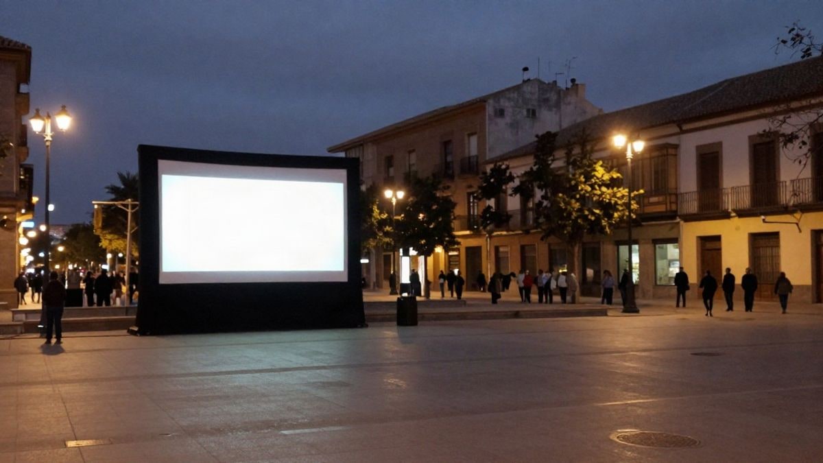 Imagen ilustrativa: pantalla de proyección en una plaza pública durante una sesión nocturna