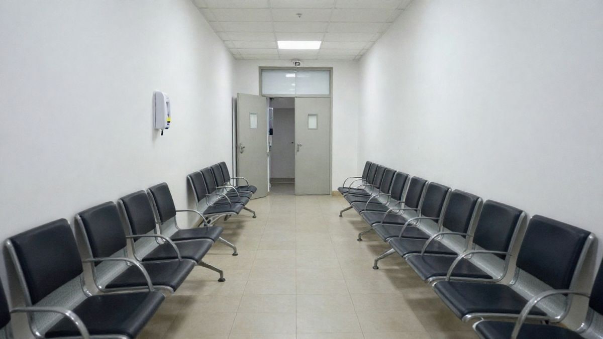 Imagen ilustrativa: sala de espera de un centro de atención primaria con sillas vacías y dispensador de gel hidroalcohólico