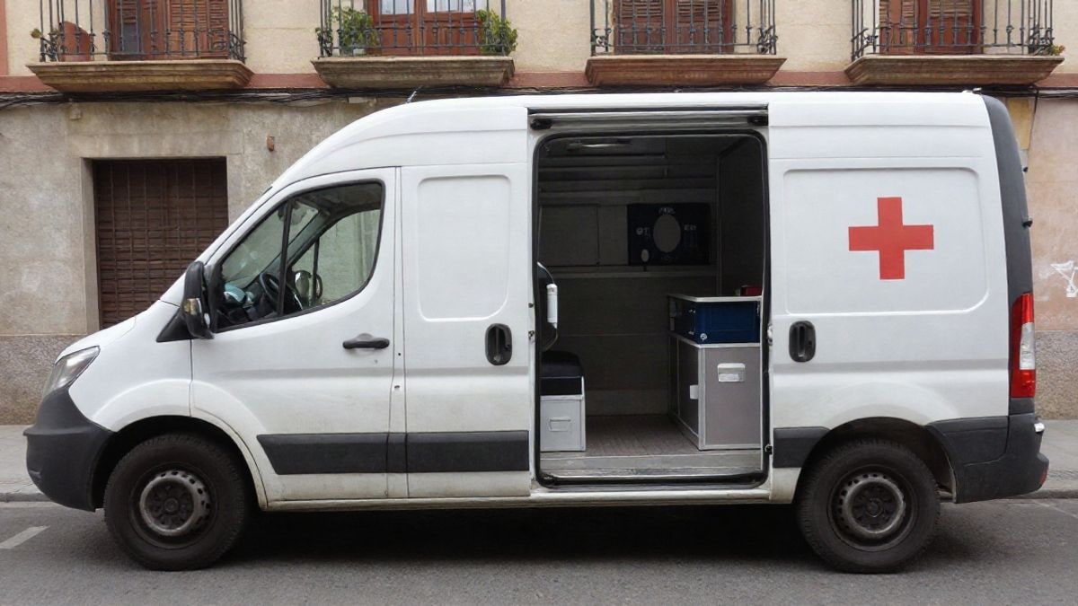 Imagen ilustrativa: unidad móvil de donación de sangre estacionada en una calle, con personas esperando de espaldas.