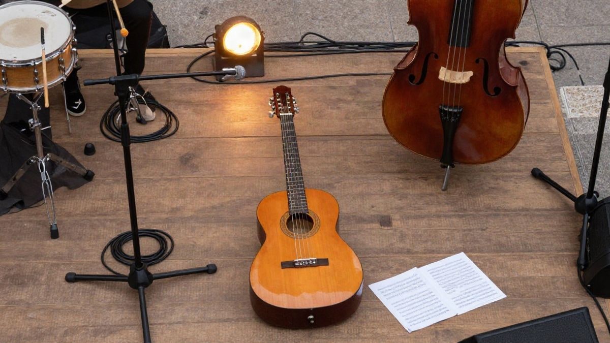 Imagen ilustrativa: vista cenital de instrumentos de jazz sobre un escenario