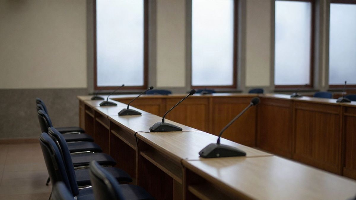 Imagen ilustrativa: sala de plenos municipal vacía con sillas y micrófonos sobre la mesa