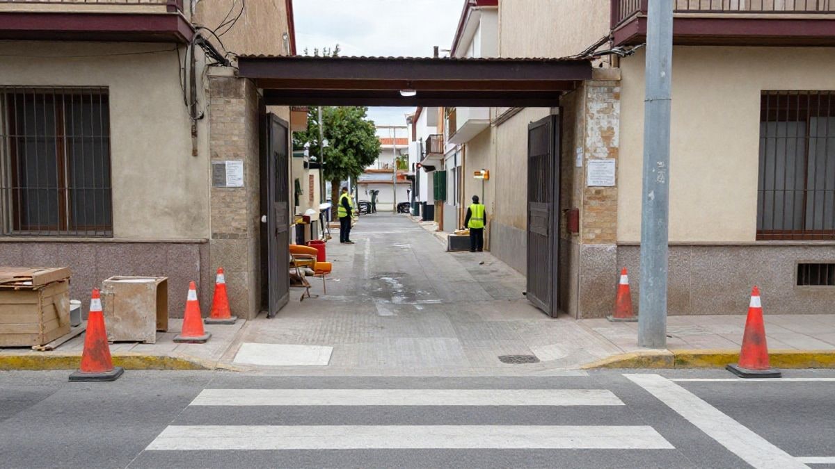 Imagen ilustrativa: obras de ampliación de un paso de peatones frente a una escuela, con materiales de construcción y un operario al fondo.