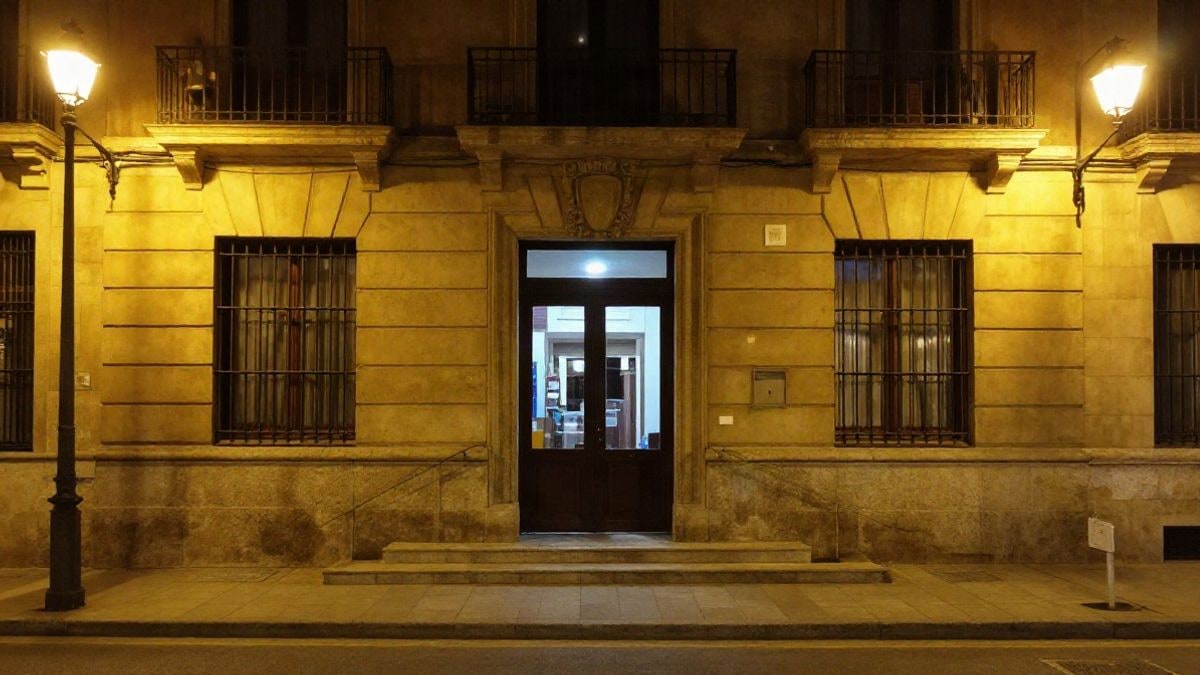Imagen ilustrativa: entrada de una biblioteca pública iluminada por farolas en horario nocturno