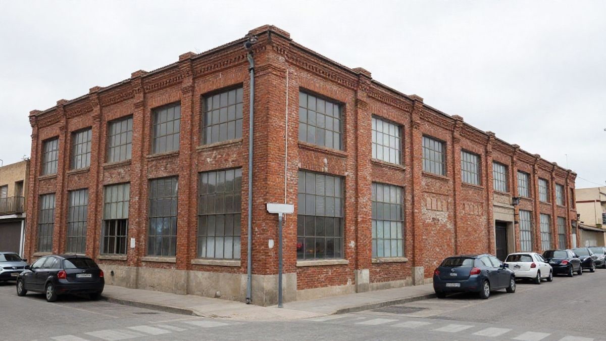 Imagen ilustrativa: fachada de un edificio industrial restaurado con grandes ventanales y una calle adoquinada delante