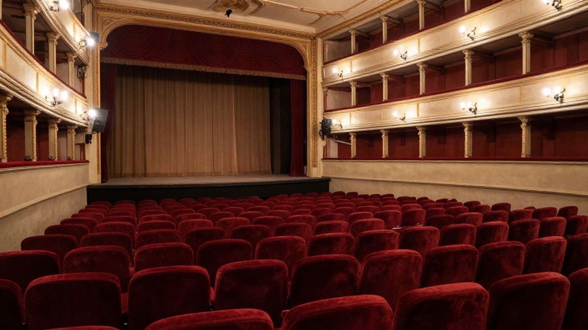 Imagen ilustrativa: interior de un teatro con butacas de terciopelo rojo y escenario con el telón entreabierto.
