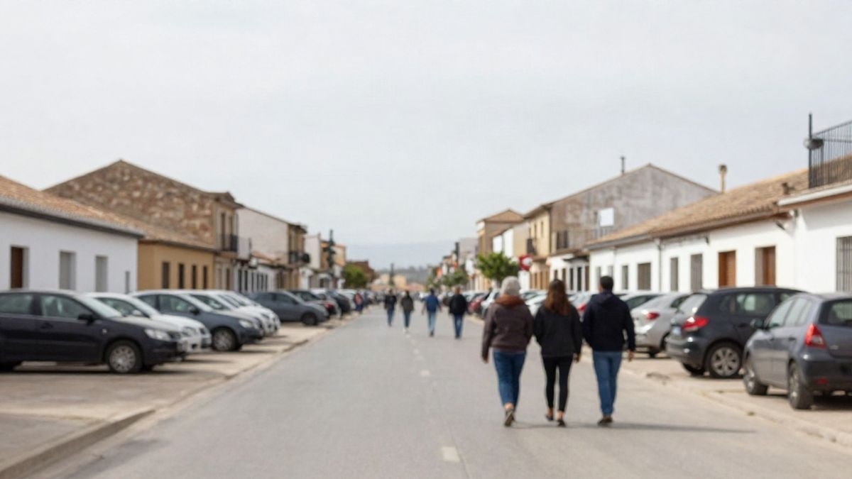 Imagen ilustrativa: grupo de personas mayores de espaldas caminando por una calle corriente de un municipio español