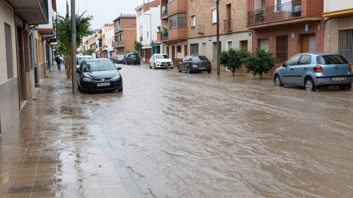 Imagen ilustrativa: calle residencial anegada por agua de lluvia con coches aparcados y edificios bajos al fondo
