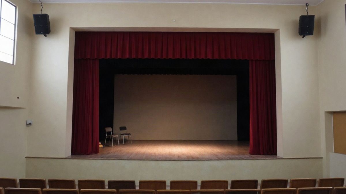 Imagen ilustrativa: un escenario pequeño con cortinas rojas y sillas vacías en una sala municipal, iluminado por un foco.