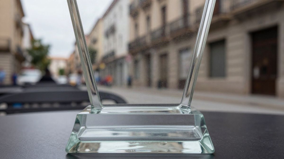 Imagen ilustrativa: trofeo de cristal en primer plano sobre una mesa con un auditorio vacío al fondo