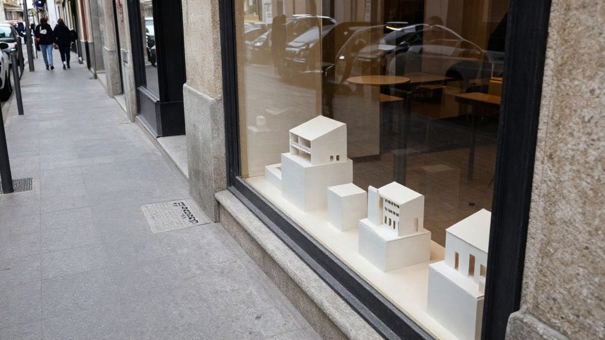 Imagen ilustrativa: vista cenital de una calle con escaparates que muestran maquetas de arquitectura
